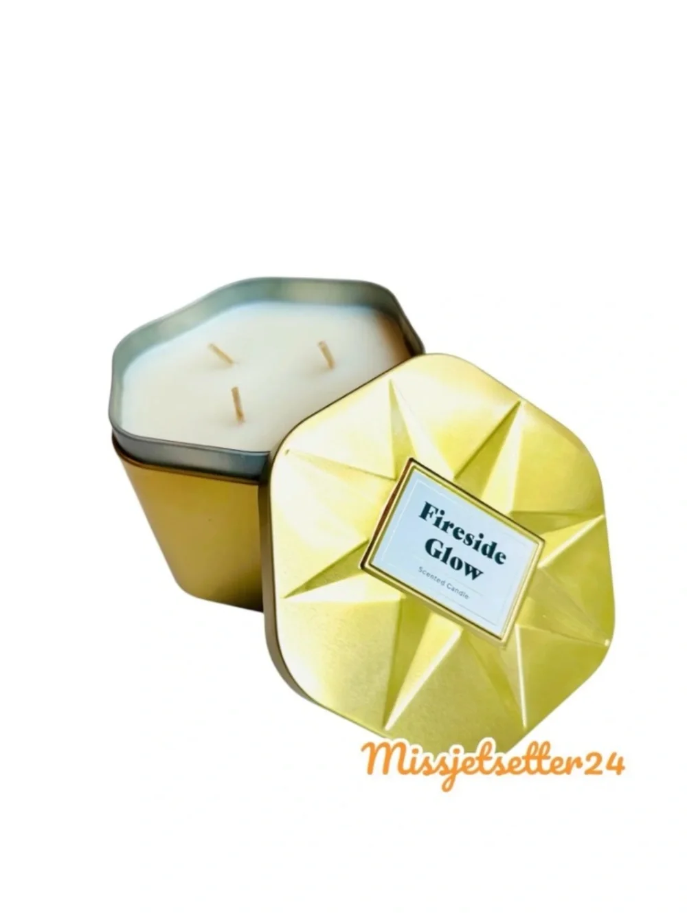 NEW Fireside Glow 3 Wick Lidded Metal Tin Candle 18oz Gold Threshold Tin